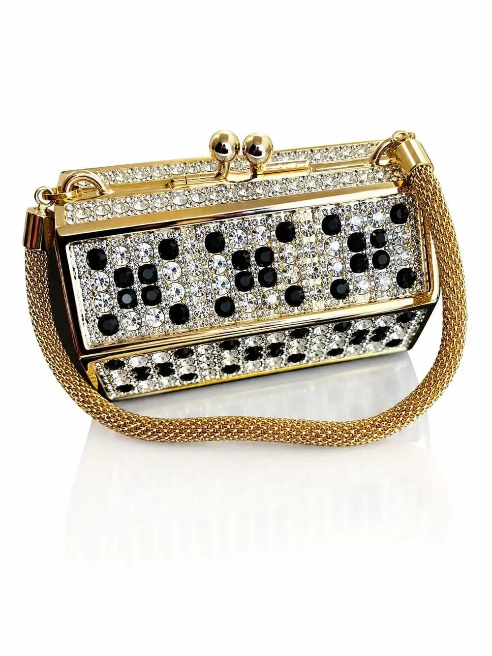 RARE Ruccini Jeweled Rhinestone Minaudiere Evening Bag Black Crystal Gold Purse